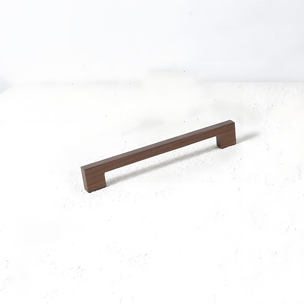 Square wood cabinet pull in black walnut with 192 mm centers, installed vertically on paired wardrobe doors