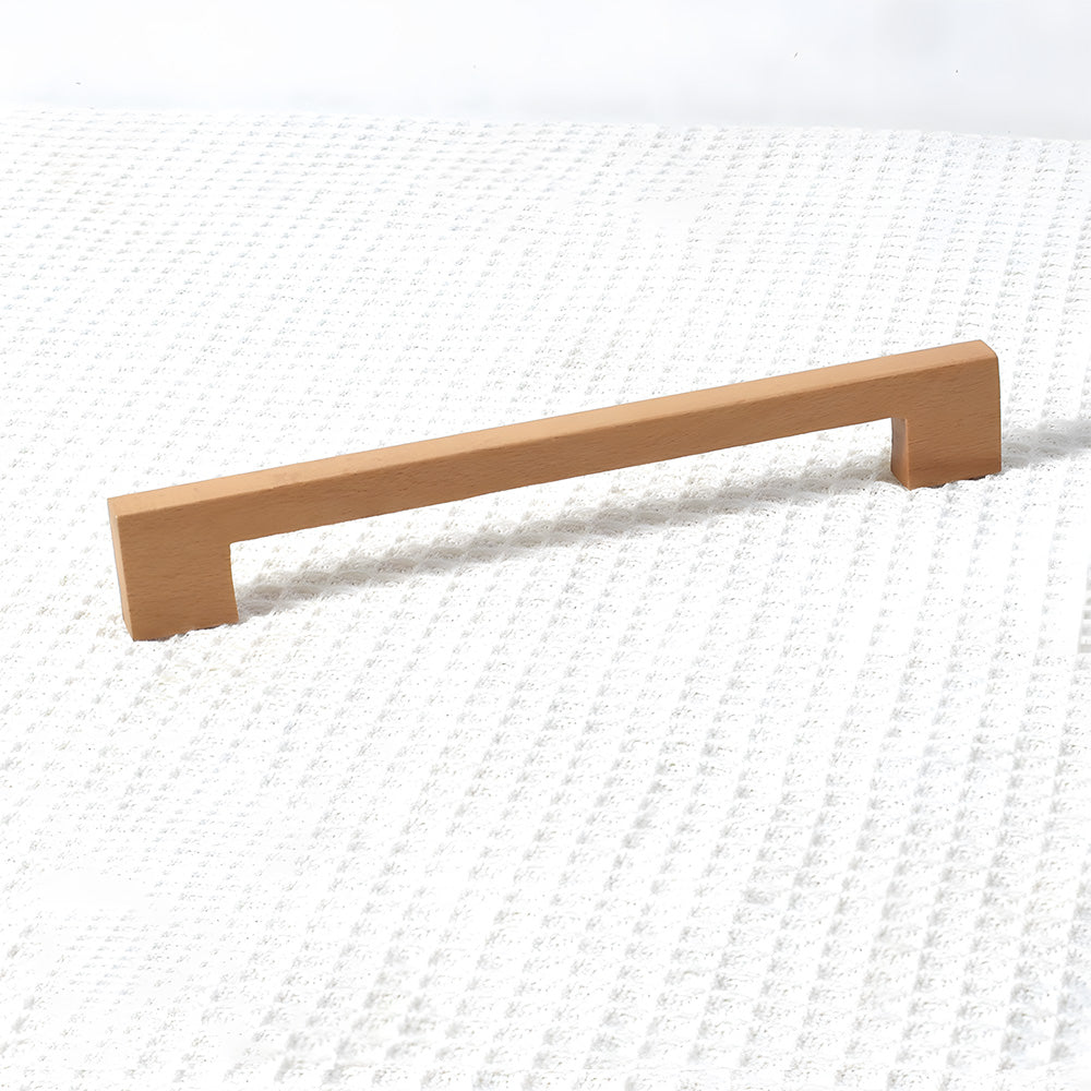 Square wood cabinet pull with right-angle legs, shown in a close angled view with its profile visible