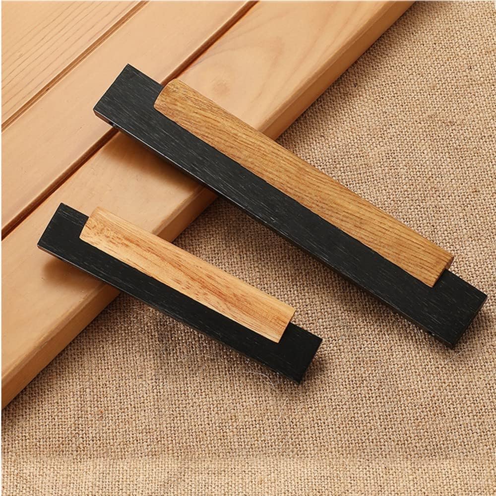 Wood cabinet pull with black or silver metal ends, shown in a styled group with multiple available versions