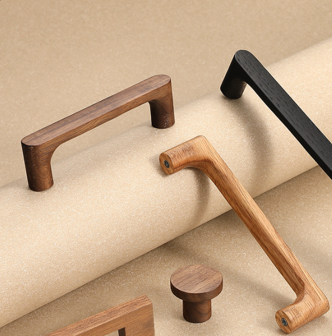 Natural wood cabinet pull with rounded corners, shown in a styled group with multiple available versions