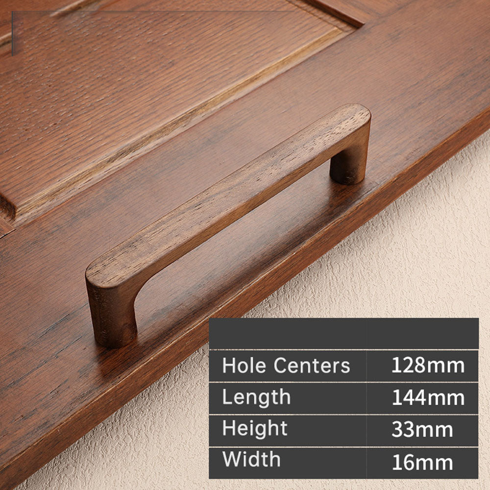 Natural wood cabinet pull with rounded corners, dimension diagram showing its overall size and hole spacing
