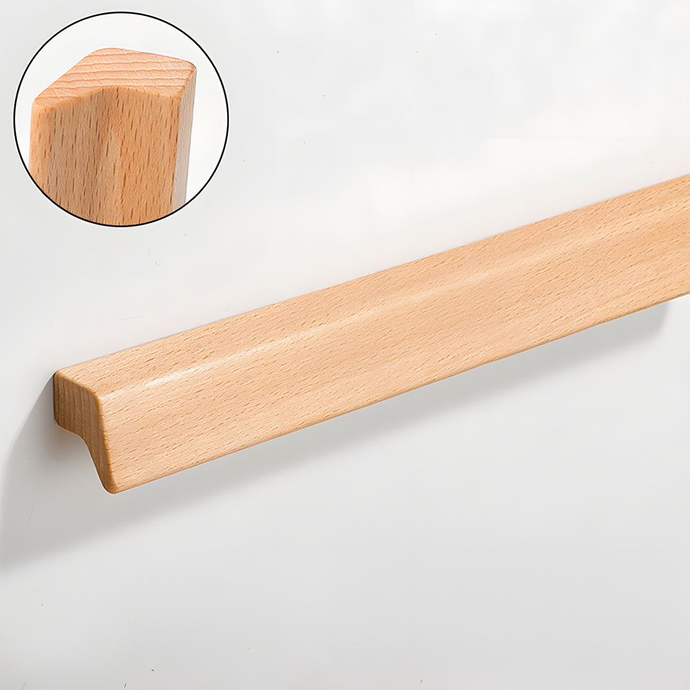 L-shaped wood cabinet handle in style B, shown from a low angle with the wood face visible
