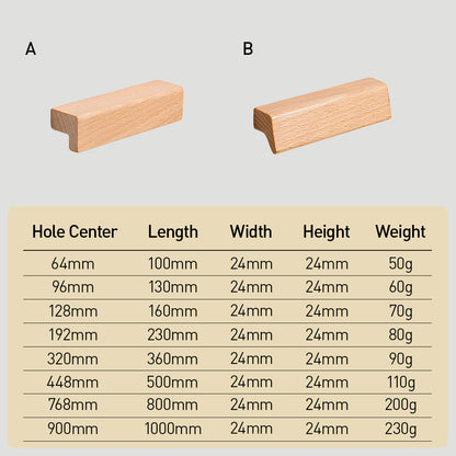 Natural wood cabinet handle with an L-shaped profile, dimension diagram showing its overall size and hole spacing