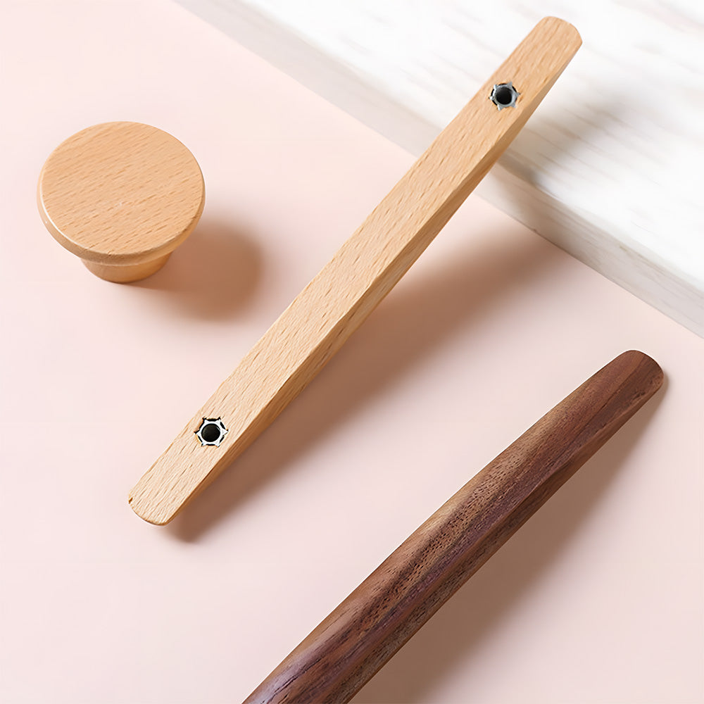 Tapered wood cabinet pull, shown with its back construction and mounting points visible