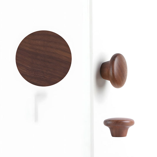 Round natural wood cabinet knob with a tapered base, shown in a close view of the wood face and short base