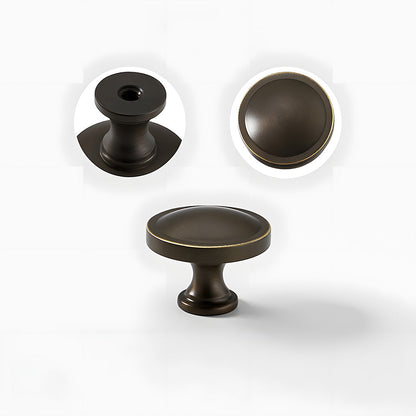 Recessed brass drawer pull with matching cabinet knob, displayed from the side with its construction and finish visible