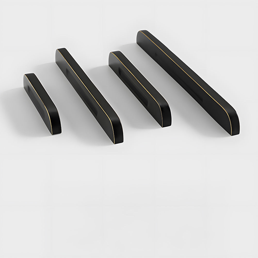 Recessed brass drawer pull with matching cabinet knob, presented for reference as a color and finish lineup