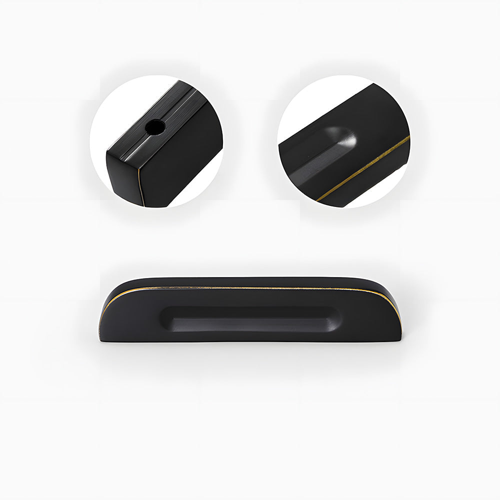Recessed brass drawer pull with matching cabinet knob, pictured in one view showing the surface and mounting form