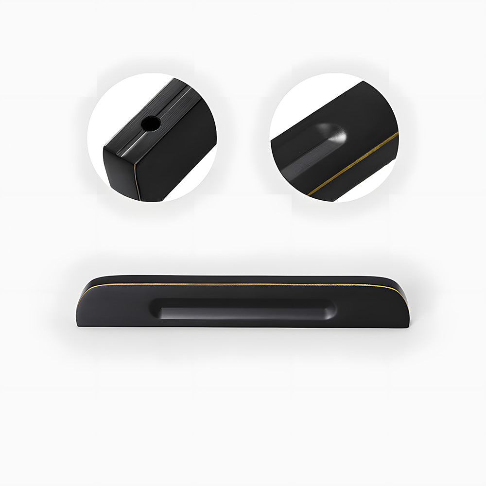 Recessed brass drawer pull with matching cabinet knob, presented for reference showing the surface and mounting form