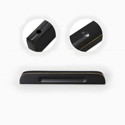 Recessed brass drawer pull with matching cabinet knob, presented for reference showing the surface and mounting form