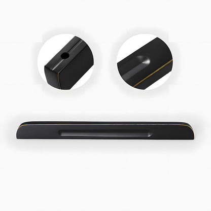 Recessed brass drawer pull with matching cabinet knob, displayed from the side showing the surface and mounting form