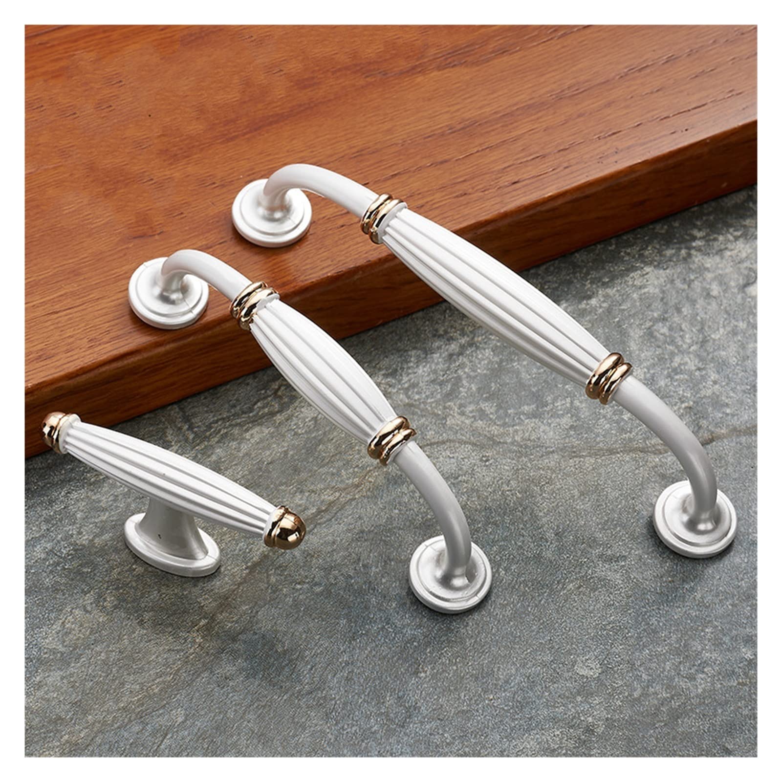 Retro fluted cabinet pull with matching T-bar knob, presented in another view as a color and finish lineup