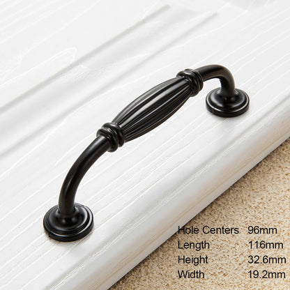 Retro fluted cabinet pull with matching T-bar knob, shown clearly with dimensions and centers labeled