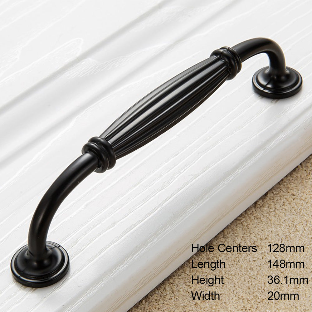 Retro fluted cabinet pull with matching T-bar knob, shown from one angle with dimensions and centers labeled