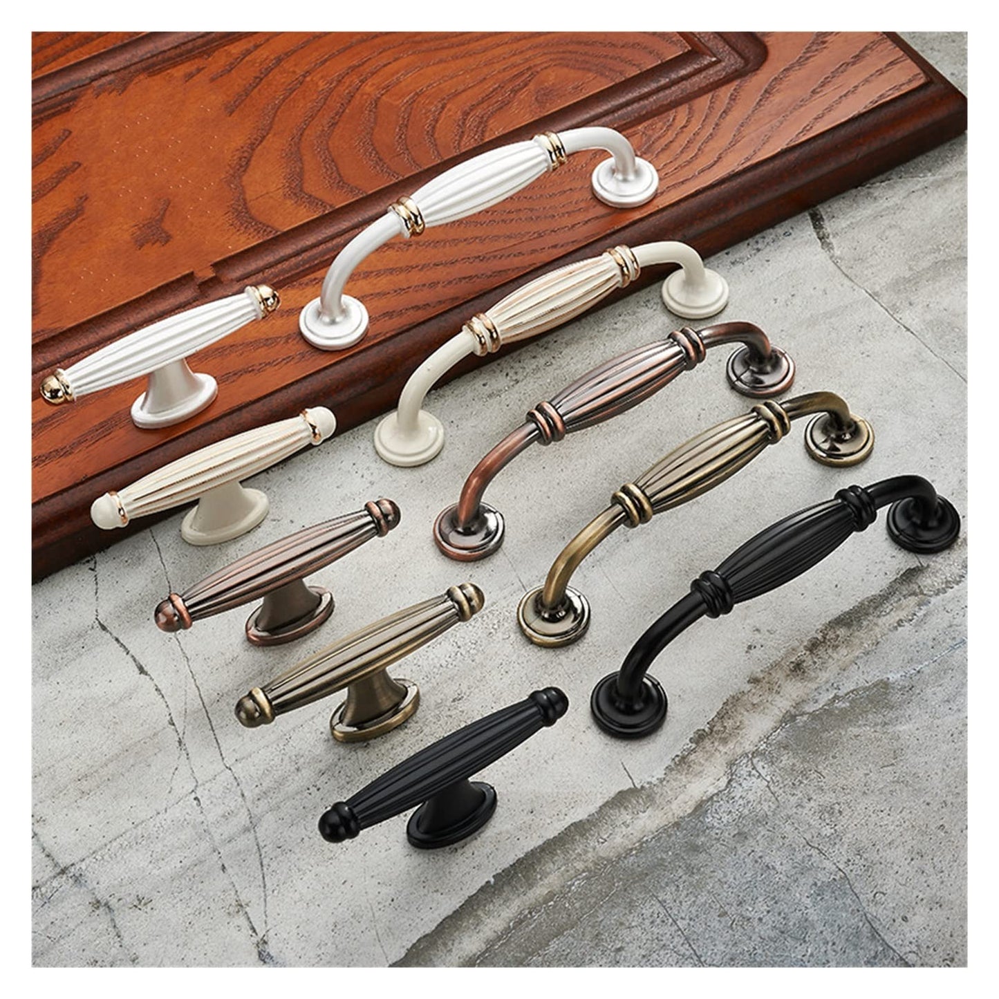 Retro fluted cabinet pull with matching T-bar knob, pictured in one view as a color and finish lineup