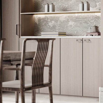 Rounded rectangle cabinet pull, shown at close range installed on cabinetry in context