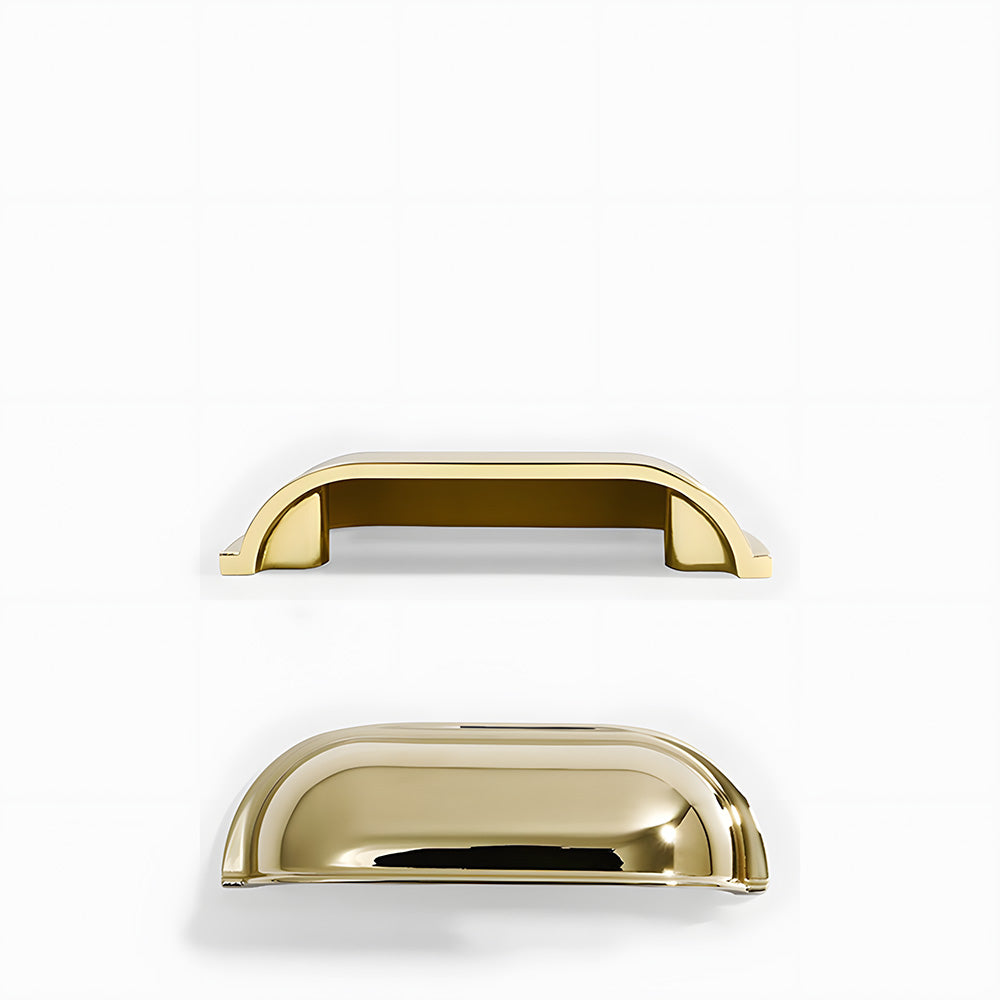 Polished gold retro shell cup pull and round knob, shown from one angle with its construction and finish visible