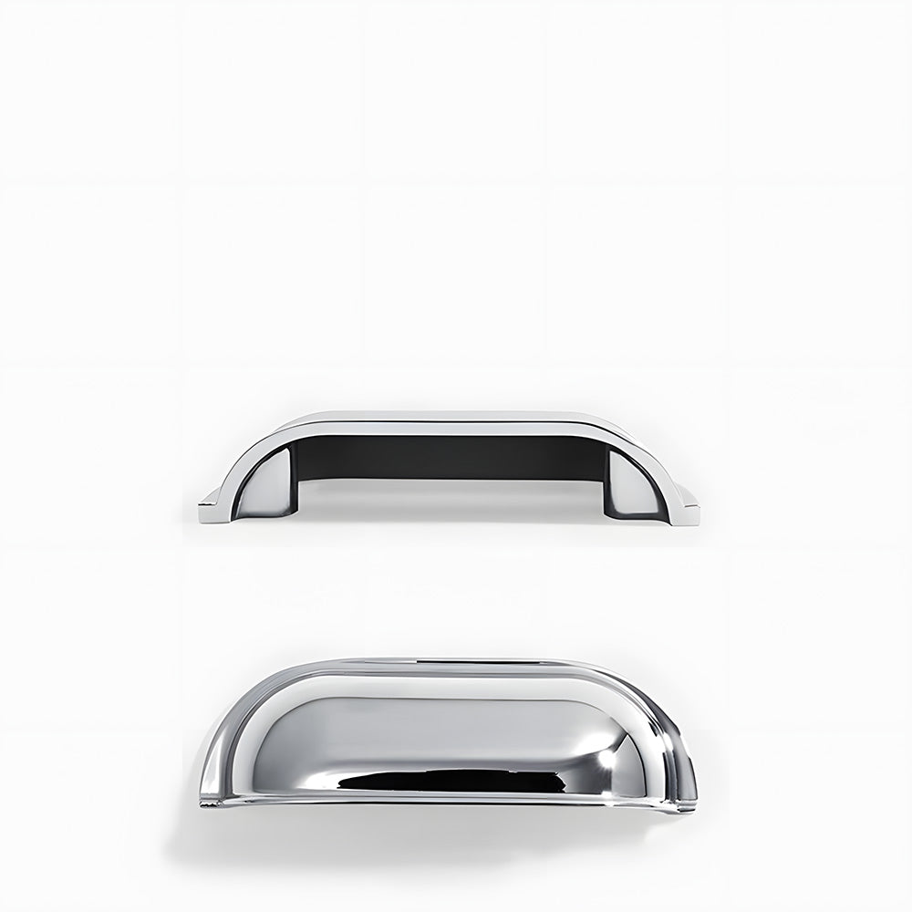 Silver retro shell cup pull and round knob, pictured in one view with its construction and finish visible