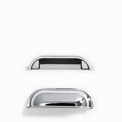Silver retro shell cup pull and round knob, pictured in one view with its construction and finish visible