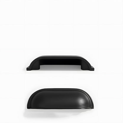 Black retro shell cup pull and round knob, presented for reference with its construction and finish visible