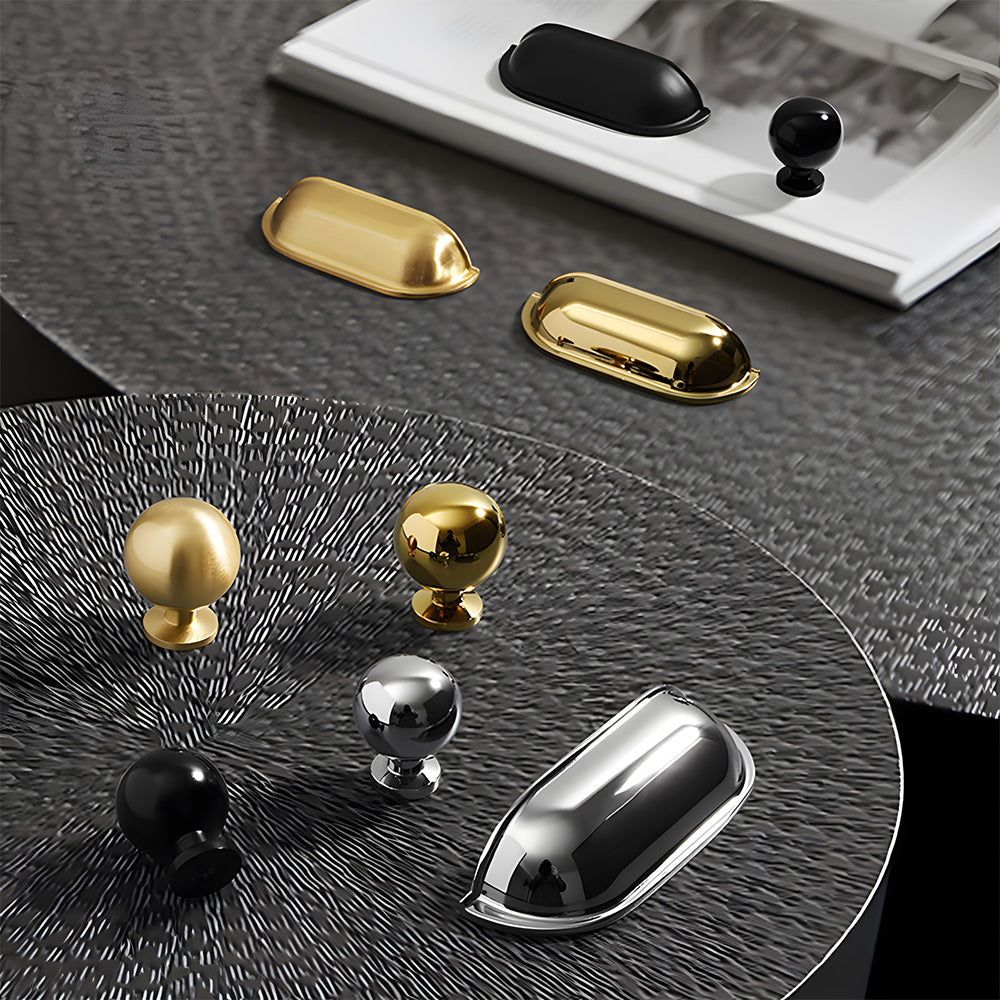Retro shell cup pull and round knob, presented for reference as a color and finish lineup