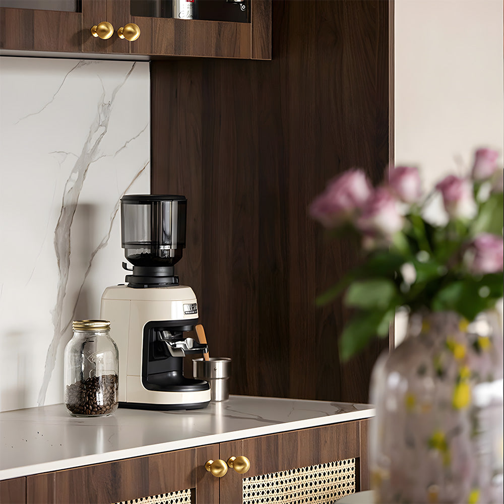Retro shell cup pull and round knob, shown from one angle installed on cabinetry in context