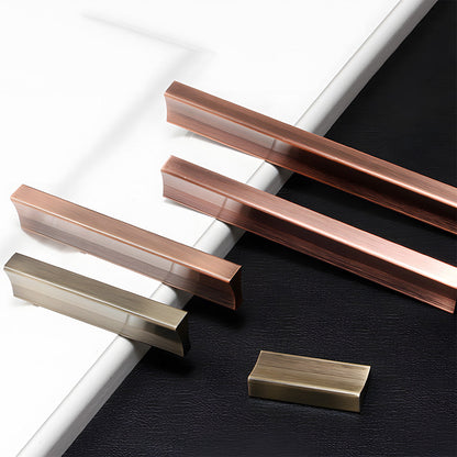 Ribbed retro recessed cabinet pull, pictured in one view as a color and finish lineup