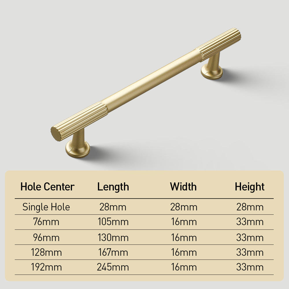 Ribbed bar cabinet pull and round knob, shown clearly with dimensions and centers labeled