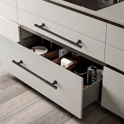 Black ribbed bar cabinet pull and round knob, shown at close range installed on cabinetry in context