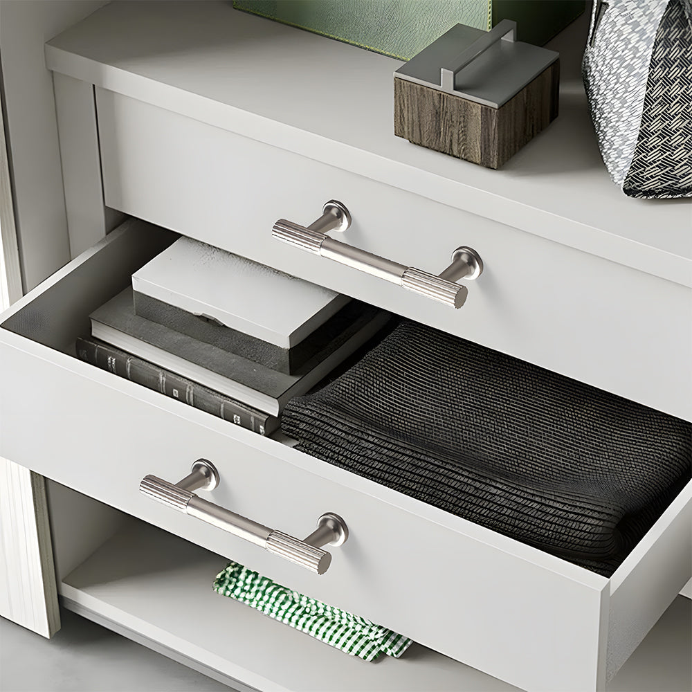 Silver ribbed bar cabinet pull and round knob, displayed from the side installed on cabinetry in context