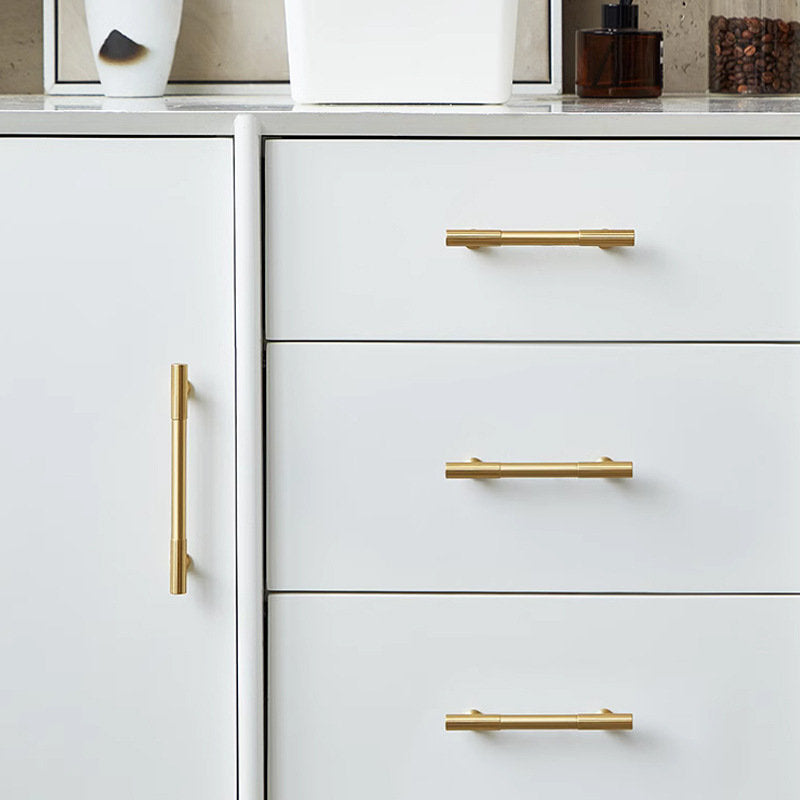 Ribbed bar cabinet pull and round knob, shown clearly installed on cabinetry in context