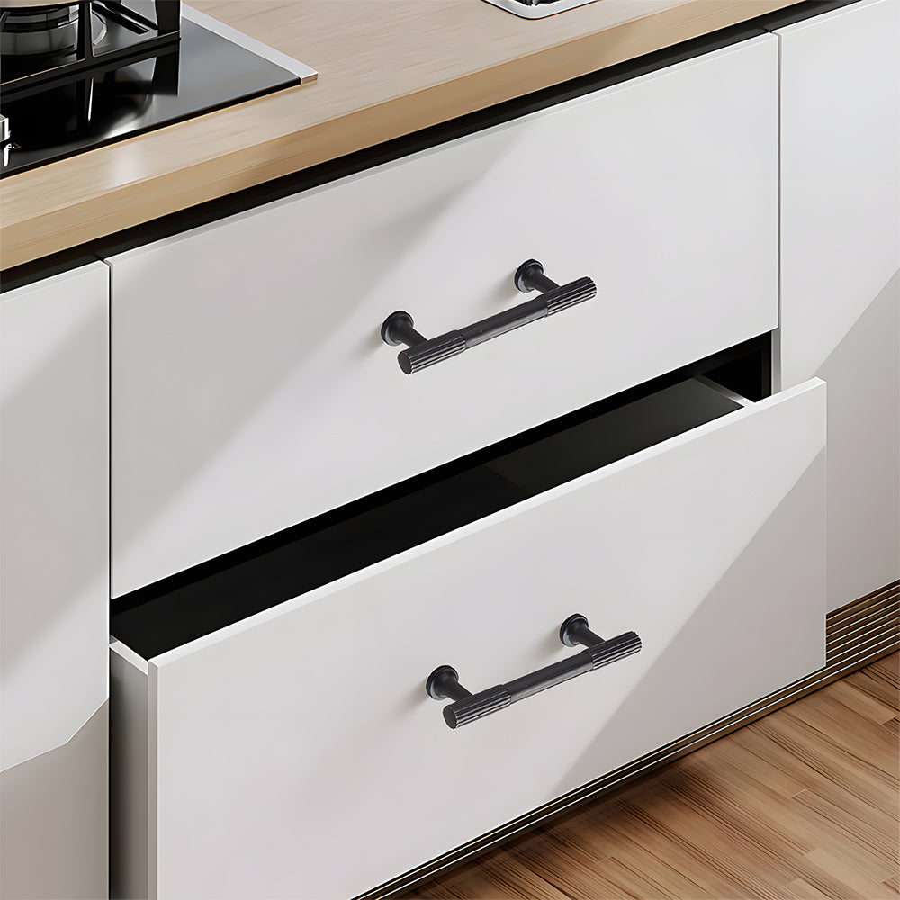 Ribbed bar cabinet pull and round knob, shown clearly mounted on a finished cabinet front
