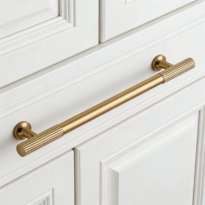 Ribbed bar cabinet pull and round knob, shown clearly with the finish and grip area visible