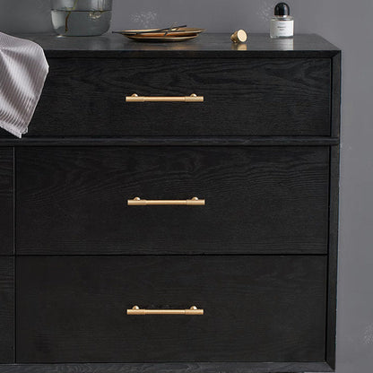 Gold ribbed bar cabinet pull and round knob, pictured in one view mounted on a finished cabinet front