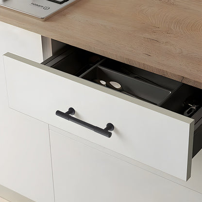 Black ribbed bar cabinet pull and round knob, presented for reference mounted on a finished cabinet front