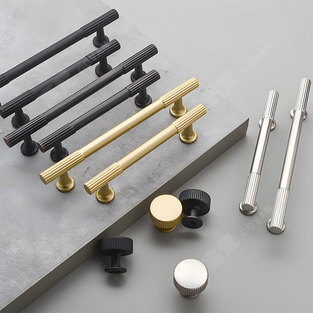 Ribbed bar cabinet pull and round knob, shown from one angle as a color and finish lineup