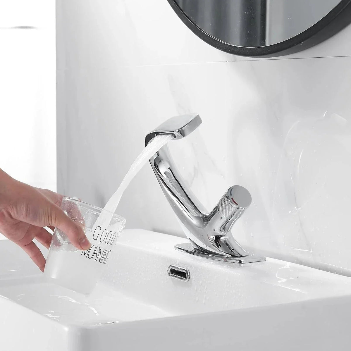 Rivora Modern Waterfall Basin Bathroom Sink Faucet, Single Handle Single Hole