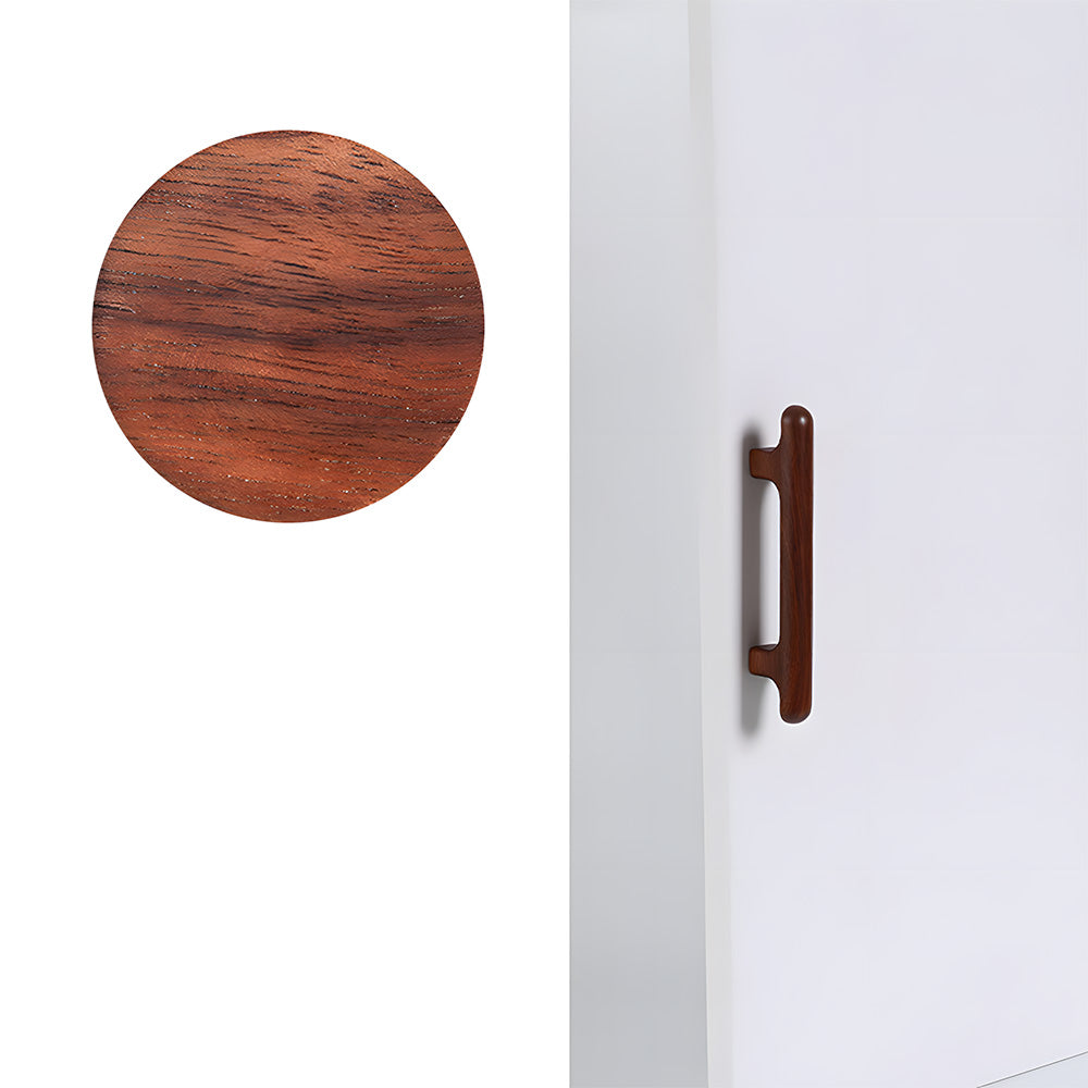 Rounded wood cabinet pull with a raised center detail, shown vertically against a plain white surface
