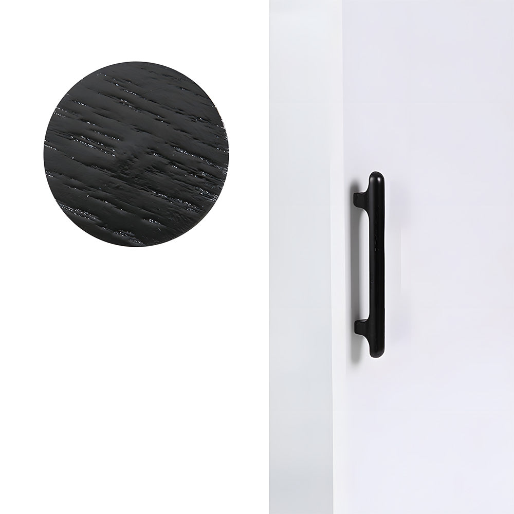 Rounded wood cabinet pull in black with 128 mm centers, shown from a close side angle against a plain surface