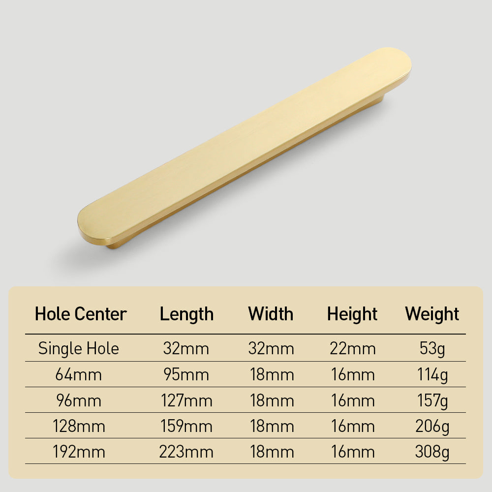 Rounded-edge brass cabinet pull and round knob, shown clearly with dimensions and centers labeled