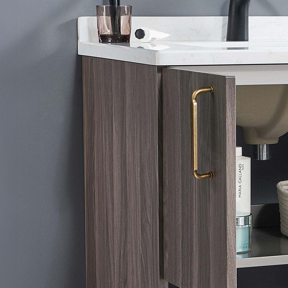 Smooth bronze cabinet pull with gently bent ends, shown clearly mounted on a finished cabinet front