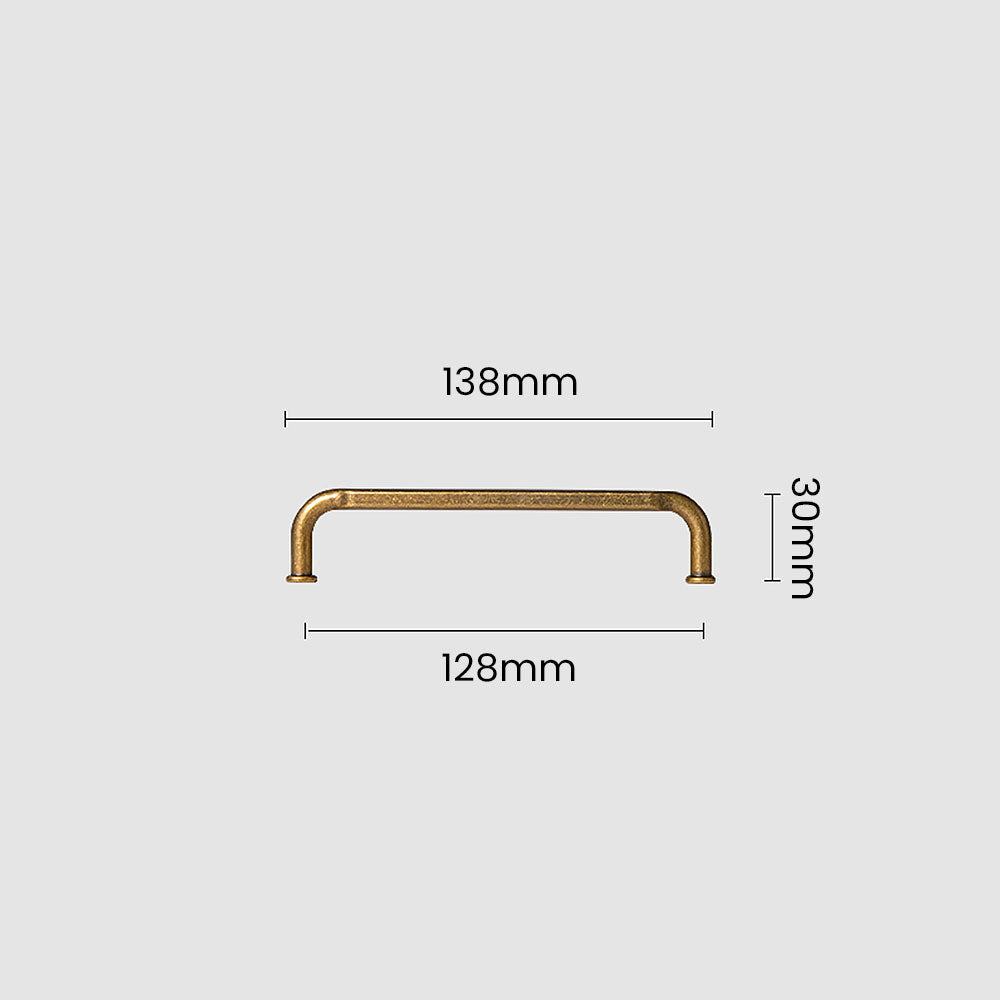 Smooth bronze cabinet pull with gently bent ends, shown clearly with dimensions and centers labeled