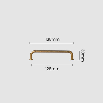 Smooth bronze cabinet pull with gently bent ends, shown clearly with dimensions and centers labeled