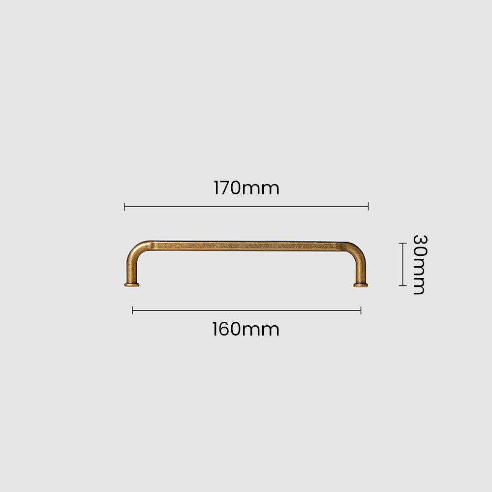Smooth bronze cabinet pull with gently bent ends, shown from one angle with dimensions and centers labeled