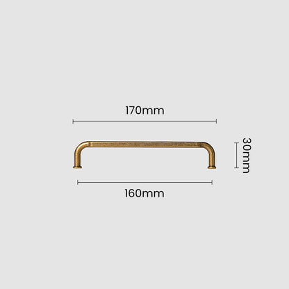 Smooth bronze cabinet pull with gently bent ends, shown from one angle with dimensions and centers labeled