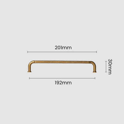 Smooth bronze cabinet pull with gently bent ends, pictured in one view with dimensions and centers labeled