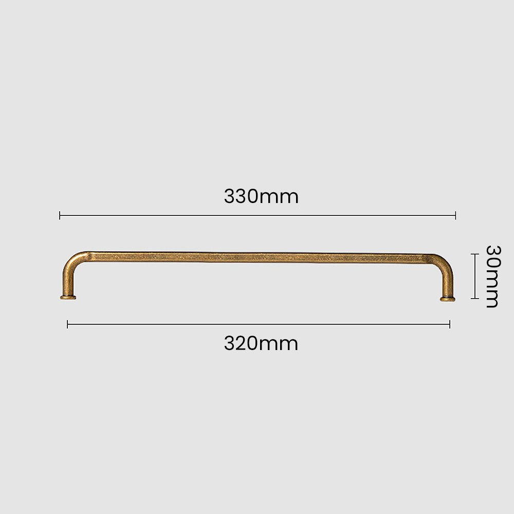 Smooth bronze cabinet pull with gently bent ends, presented for reference with dimensions and centers labeled