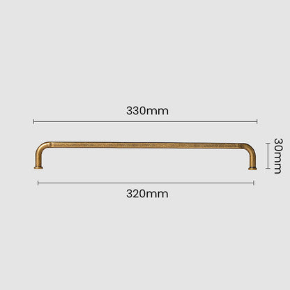 Smooth bronze cabinet pull with gently bent ends, presented for reference with dimensions and centers labeled