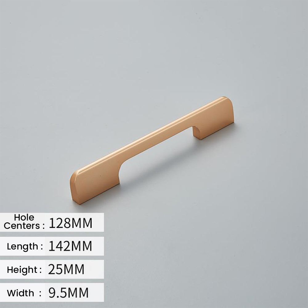 Champagne bronze cabinet pull diagram with 128 mm hole centers and 142 mm overall length