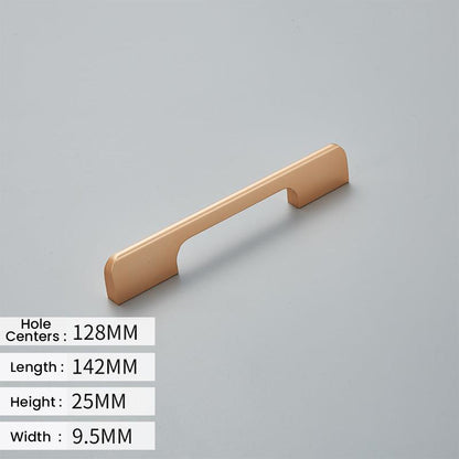 Champagne bronze cabinet pull diagram with 128 mm hole centers and 142 mm overall length